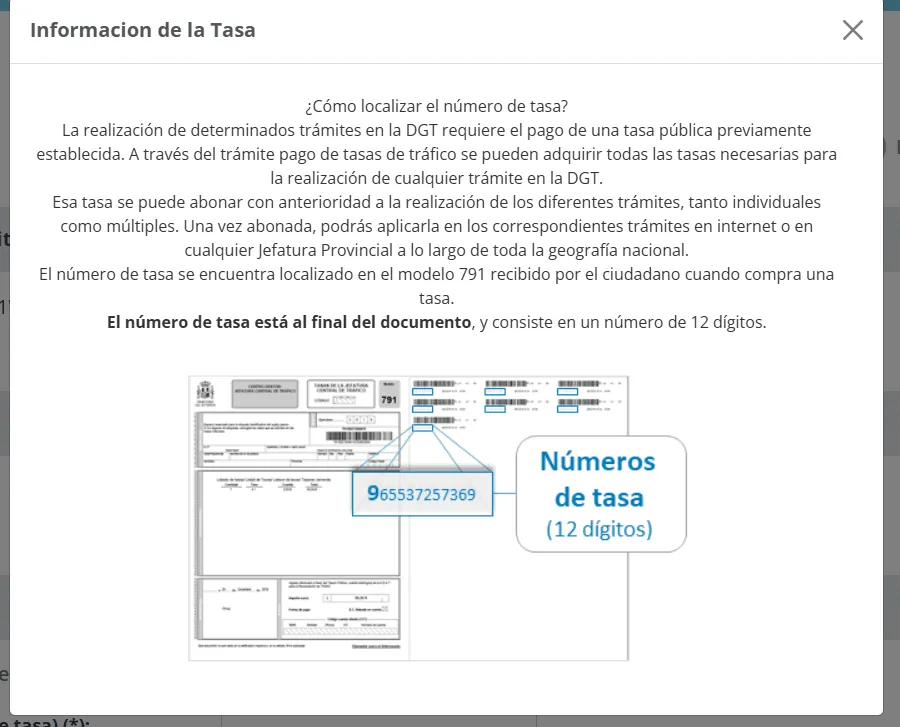 Modal DGT indicando dónde localizar el número de tasa