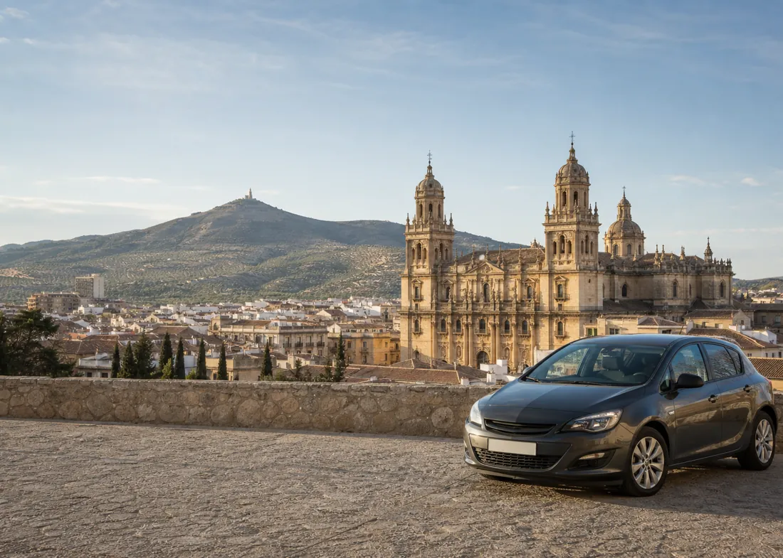 Catedral de Jaén y cerro de Santa Catalina, donde realizamos revisiones de coches de segunda mano