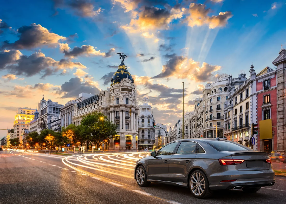 Gran Vía de Madrid, donde realizamos revisiones de coches de segunda mano