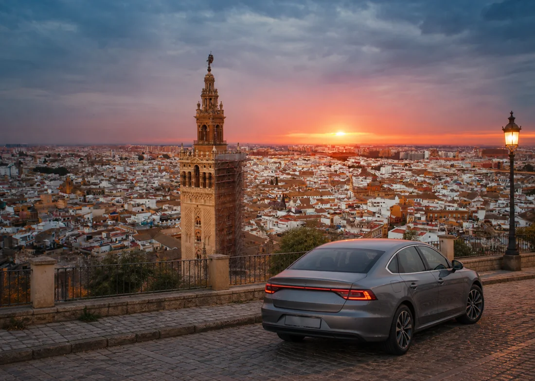 Vista de Sevilla y la Giralda, zona de servicio de revisión de coches