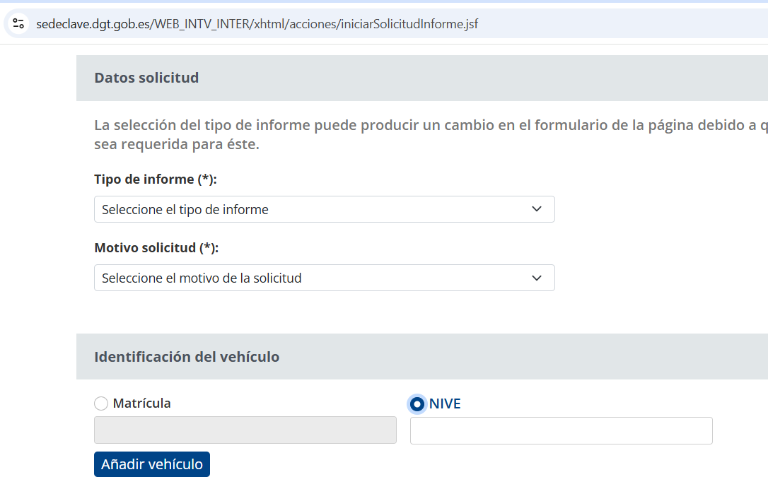 Pantalla DGT donde se elige matrícula o NIVE (VIN)
