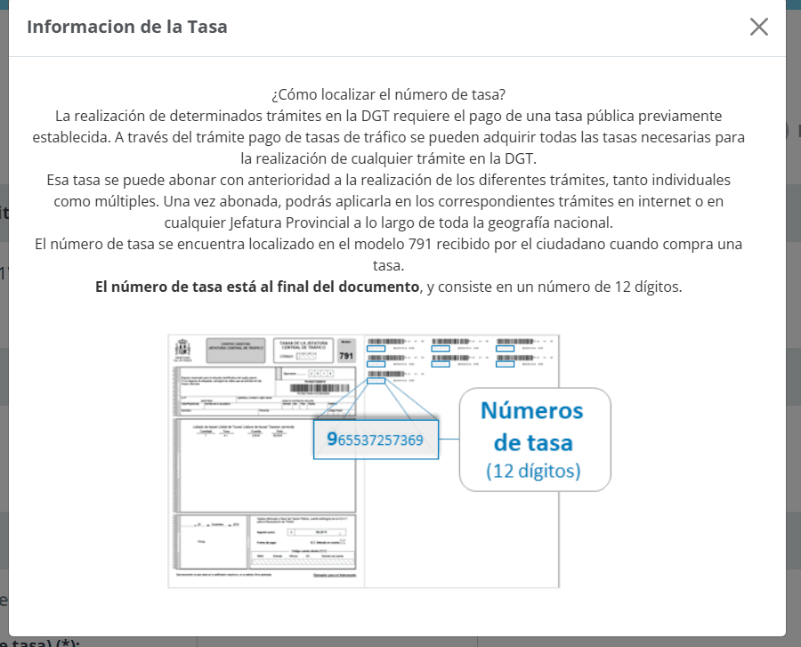 Modal DGT indicando dónde localizar el número de tasa