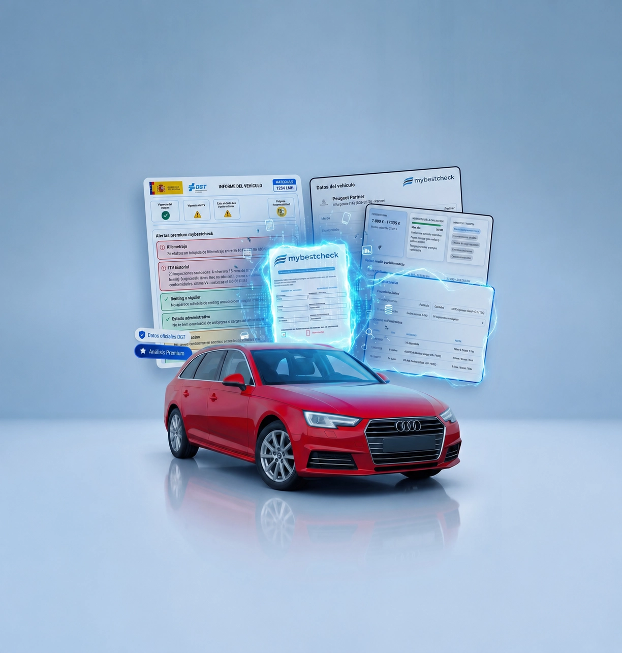 Visual principal de mybestcheck con coche, informes e inspección